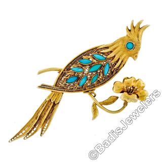 Vintage 14k Yellow Gold Persian Turquoise Textured Filigree Cockatiel Brooch Pin