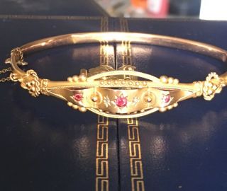 Antique Victorian 9ct Gold Bangle With Ruby Pastes And Diamond Chips