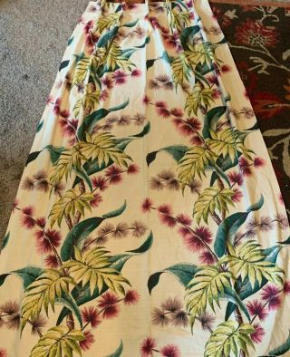 Great Vintage Mid - Century Bark Cloth Drapery Panel Pink Green Tropical Flowers