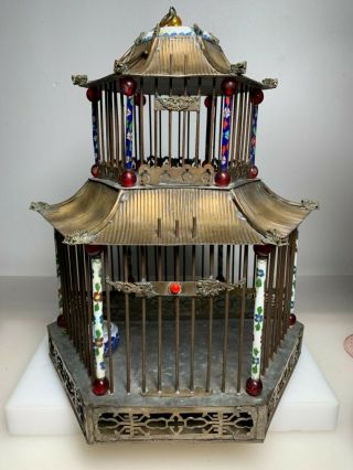 Vintage Chinese Pagoda Bird Cage Enameled W Dragons Carnelian Red Glass