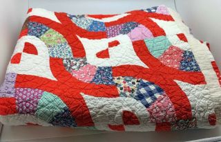 Vintage Hand Made Quilt Size 60 X 78 Inches Red White Wave Pattern With Bow Ties