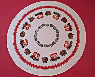 Vintage Christmas Art Dwarfs Poinsettia Print White Red Green Round Tablecloth