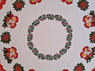 VINTAGE CHRISTMAS ART DWARFS POINSETTIA PRINT WHITE RED GREEN ROUND TABLECLOTH 2