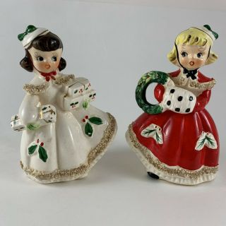 2 Vintage Christmas Relco Girl Figurines Japan Spaghetti Trim