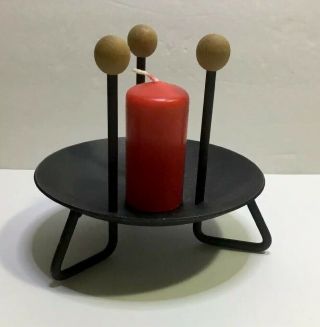 Striking Danish Modern Mid Century Iron Candlestick Candle Holder Teak Accents