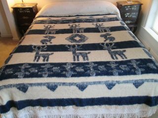 Heavy Vtg Cream & Blue Wool Blend Blanket W/ Deer 62 X 74 Southwestern? Mexican?