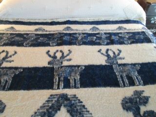 Heavy Vtg Cream & Blue Wool Blend Blanket w/ Deer 62 x 74 Southwestern? Mexican? 2
