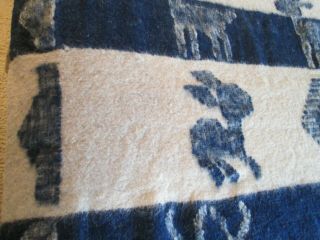 Heavy Vtg Cream & Blue Wool Blend Blanket w/ Deer 62 x 74 Southwestern? Mexican? 3