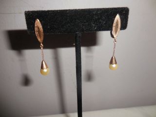 Stunning & Rare Antique Art Deco 14k Rose Gold Pearl Drop Earrings