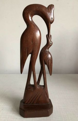 Vintage Mcm Modern Teak Wood Carved Sculpture Mother Crane Heron & Chick Decor