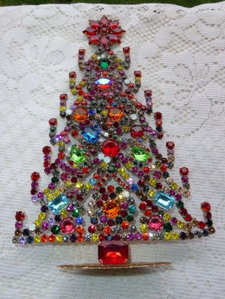 Vintage Multicolor Czech Rhinestone Larger Christmas Tree Standing