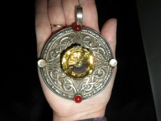 Antique Scottish Sterling Silver Citrine Moonestone Clan Kilt Snakes Pin Brooch