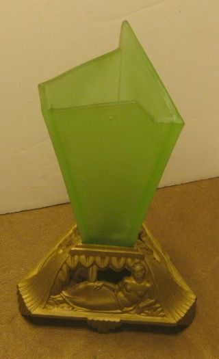 Stunning Antique Art Deco Vase Nuydea Cast Iron Base Green Satin Glass Nr