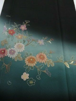 2h05z70 Japanese Kimono Silk Fabric Black Chrysanthemum Embroidery 45.  7 "