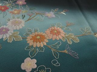 2H05z70 Japanese Kimono Silk FABRIC Black Chrysanthemum Embroidery 45.  7 