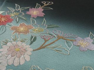 2H05z70 Japanese Kimono Silk FABRIC Black Chrysanthemum Embroidery 45.  7 
