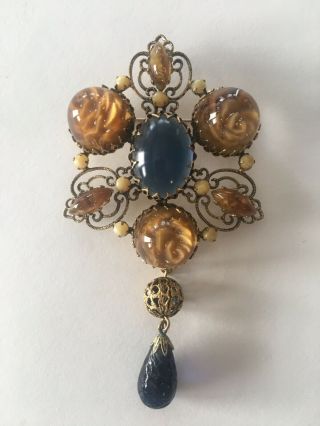 Vintage Signed Schreiner York Amber And Blue Brooch Pin