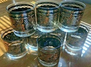 Georges Briard Set Of 8 Rocks Glasses,  Gold And Black Floral Pattern Mid Century