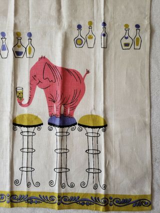 NWT MID CENTURY vtg LINEN COCKTAIL KITCHEN BAR TOWEL PINK ELEPHANT HAVING DRINK 2