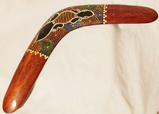 Vtg 20 " Wooden Australian Aboriginal Boomerang Hand Painted Reptile Tribal Art