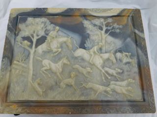 Vintage Incolay Carved Stone Jewelry Trinket Box Hound Dogs Fox Hunt Horses 2