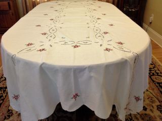 Vintage White Christmas Red Poinsettia Tablecloth 118 X 64 Rectangular