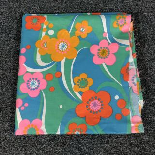 Vintage 60s Neon Psychedelic Groovy Floral Flower Power Cotton Fabric 2.  7 Yards
