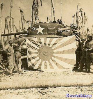 Port.  Photo: Rare Us Tankers W/ Captured Japanese Flag By M4 Sherman Tank