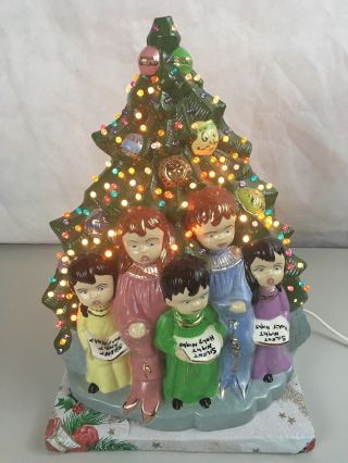 Vintage Lighted Ceramic Christmas Tree W/ Ornaments Carolers 15 " Silent Night