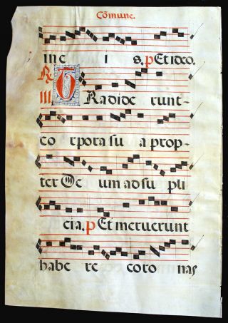 Large Illuminated Manuscript Leaf C.  1550 Music & Gregorian Chant Large Initials