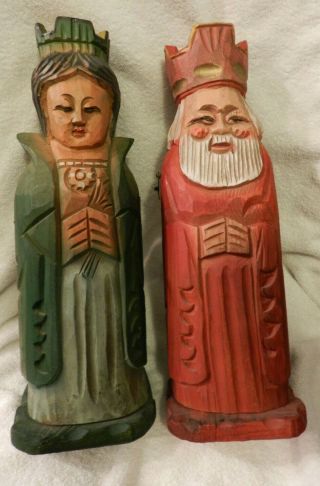 Vintage Wood Carved King And Queen Wine Bottle Storage Figurine Art