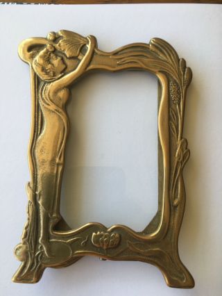 Art Nouveau Style Brass Picture Frame Naked Lady Water Lily Floral Decor