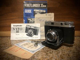 Voigtlander Vito Iii Vintage Folding Camera Ultron 1:2/50 Lens W/ Paperwork