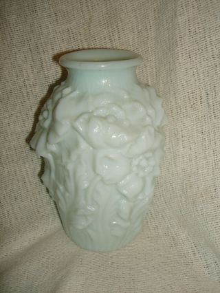 Antique Art Nouveau - Milk Glass Embossed Poppy Flower Vase Vtg