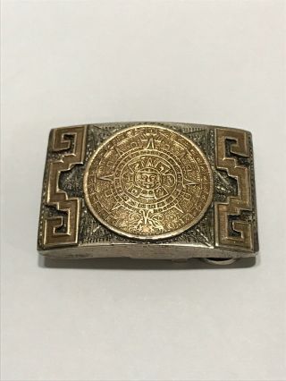 Vintage Fzr Mexico Sterling Silver & 14k Yellow Gold Aztec Calendar Belt Buckle