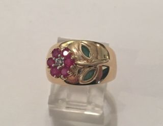 Vintage John C Rinker Jcr 14k Yellow Gold Ruby Emerald & Diamond Flower Ring