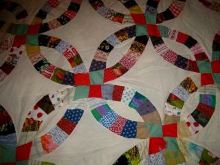 Vtg Quilt Top Double Wedding Ring Hand Sewn Feedsack 97 " X76 "