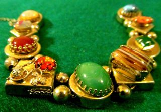 Vintage Coral Jade Carnelian Emerald Opal Puffy Gold Slide Charm Bracelet