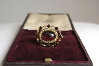 Fine Antique Edwardian 9 Carat Gold 4.  80 Tcw Garnet & Seed Pearl Brooch Pin 6.  4g