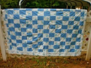 Vintage Homemade Quilt 60 " X 71 " Blue Roses Flowers & Squares