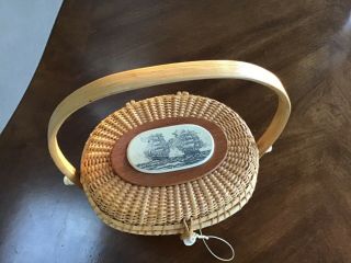 Vintage Nantucket Basket Purse With Two Ships Primo Collectable