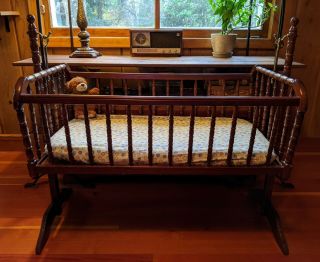Vtg Wooden Rocking Cradle Baby Crib 36” Jenny Lind Spindle