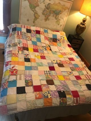Charming Vintage Handmade Patchwork Multi - Colored Quilt 4 " Squares 66” X 80” 1