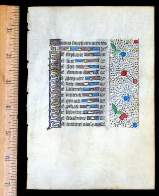 Medieval Illuminated Manuscript Book Of Hours Leaf 1450,  Litany,  Borders,  Gold