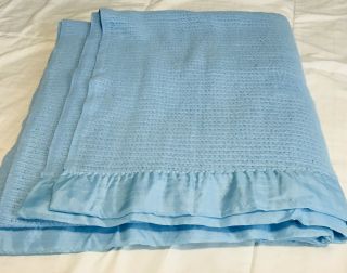 Blanket Vintage Twin Acrylic Satin Trim 78 " X 83 " Blue Throw Waffle Weave