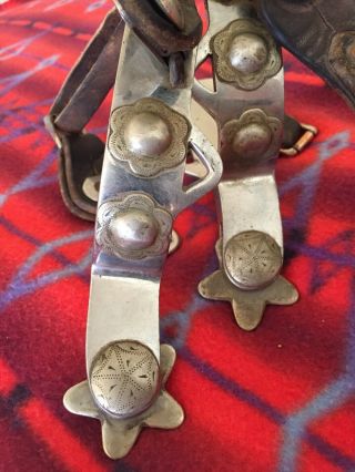 Crockett Vintage,  Heavy Stainless Spurs With Makers Mark,  Double Etched Conchos