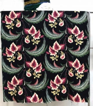 Vintage 40’s Black Tropical Floral Barkcloth Upholstery Fabric Remnant 1.  8 Yards