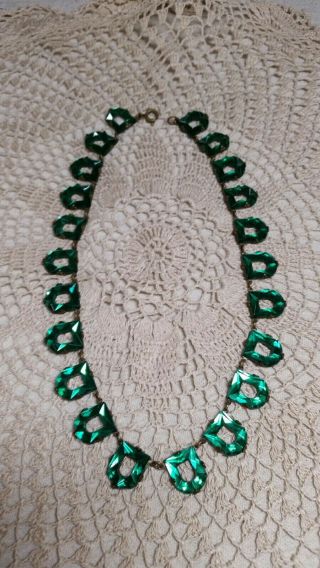 Exquisite A,  Vintage Art Deco Emerald Green Glass & Brass Necklace