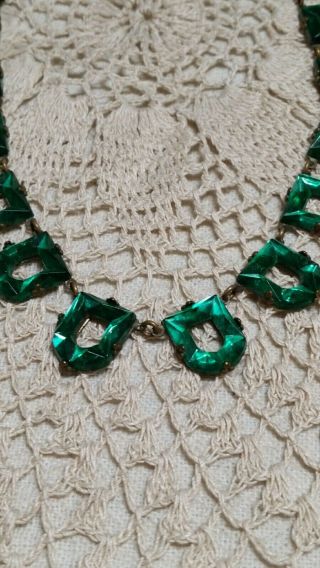 EXQUISITE A,  Vintage Art Deco Emerald Green Glass & Brass Necklace 2