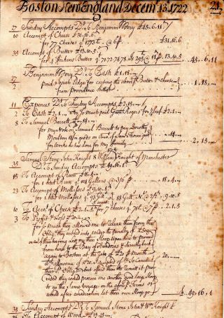 1722,  Cornelius Waldo,  Boston Grog House,  Ledger Sheet,  Rum Sales,  Distillery